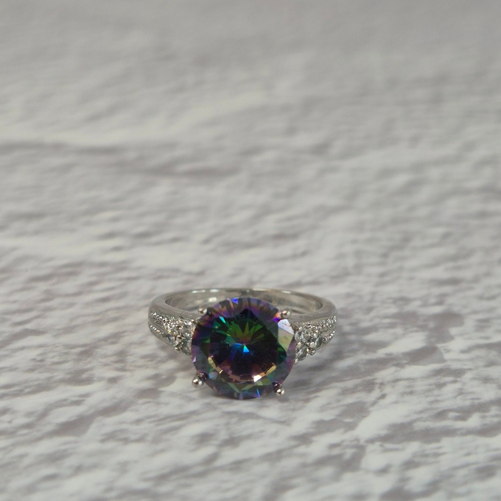 Mystic Topaz Rainbow Round Cut Cocktail Ring Silver Tone Size 6.5 Statement Ring